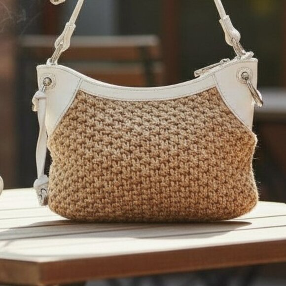 Brighton Natural Woven Basket Weave White Croc Accent Cross Body Shoulder Bag - Picture 2 of 12